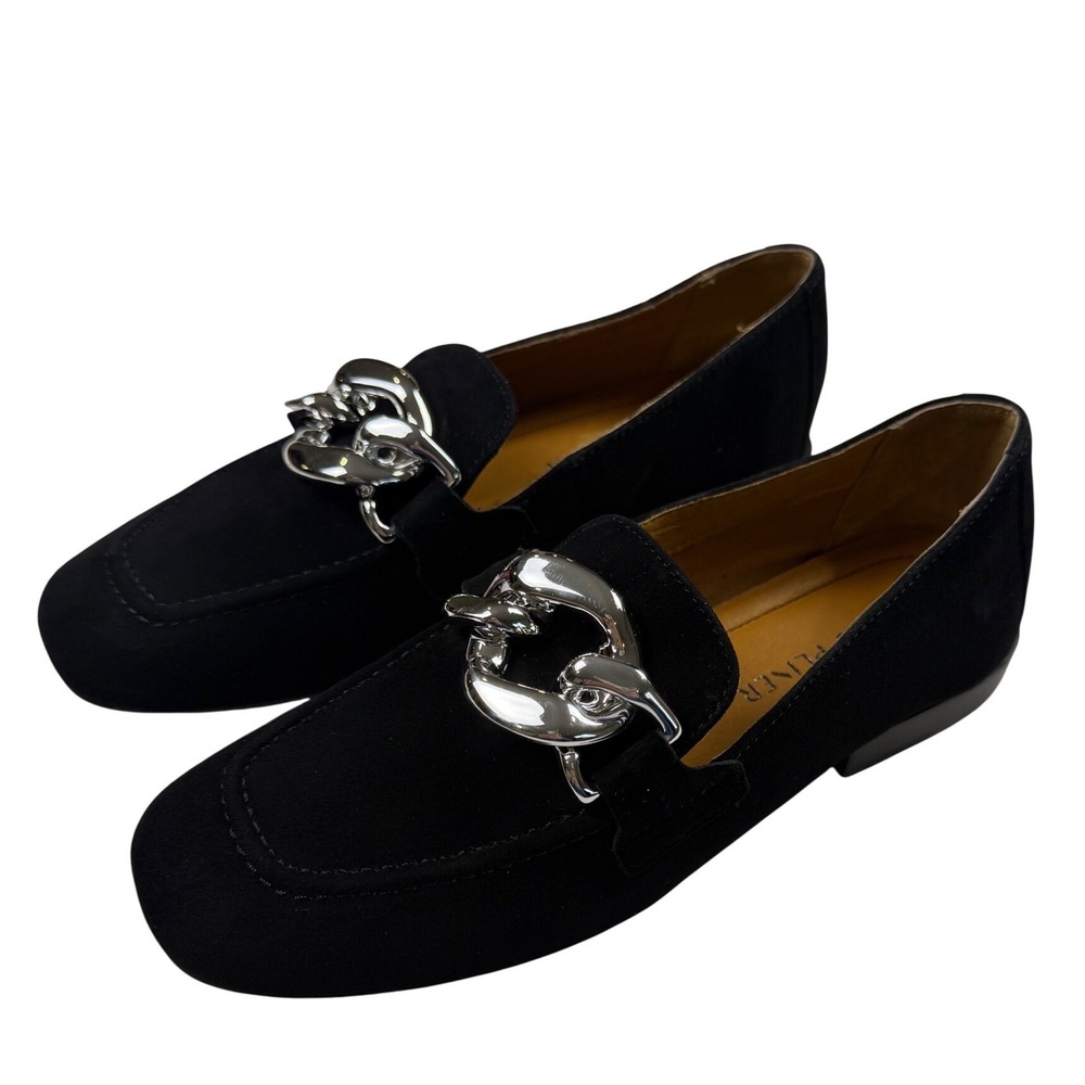 Donald Pliner Bristol Black Suede Chain Link Loafers Women Sz 6 Square Toe Flats